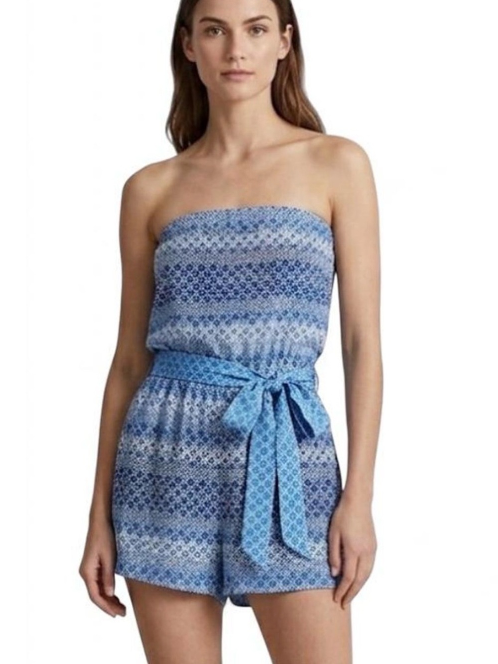 Diane Von Furstenberg Blue and White Floral-Print Strapless Romper with Tie